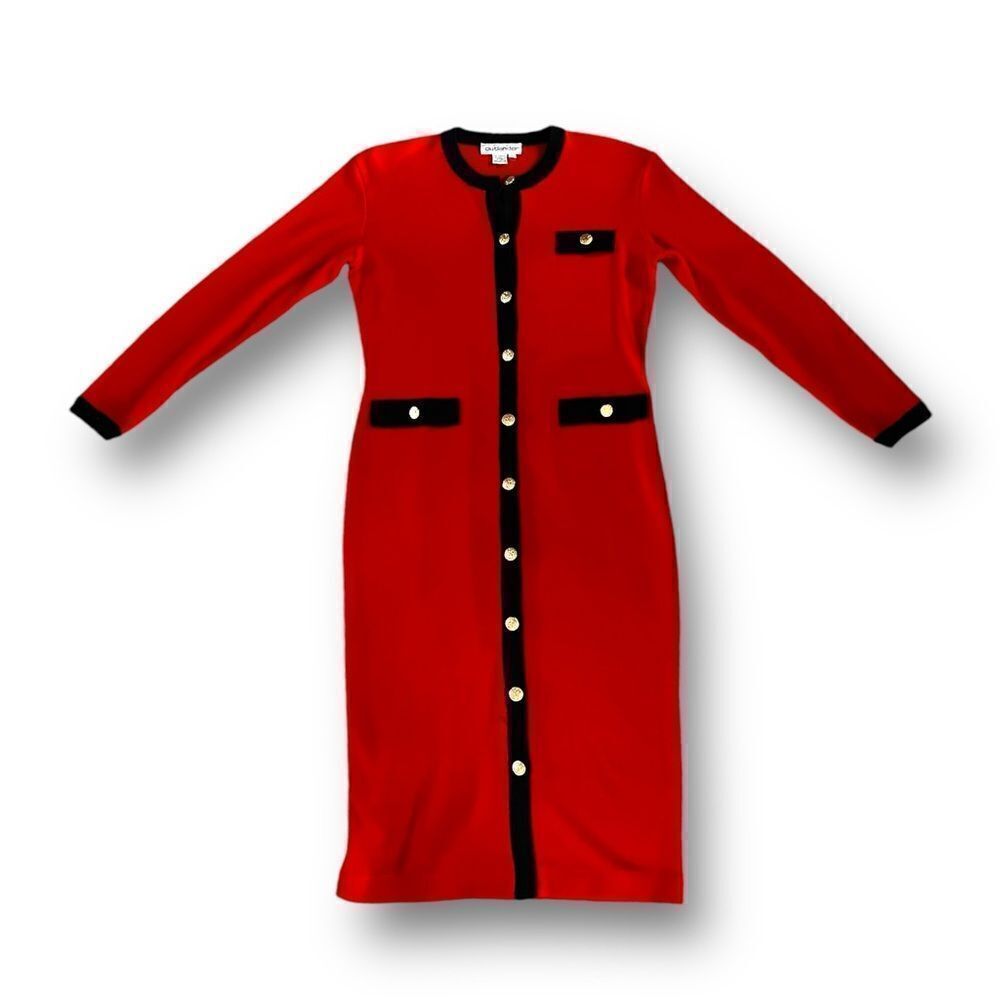 Vintage Red Button Down Sweater Dress with Black Contrast Trim by Outlander, M